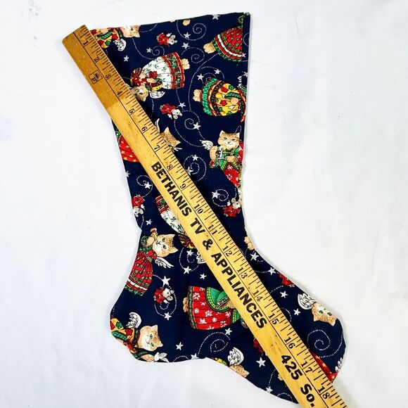Vtg Handmade Pair of Lined Fabric Christmas Stockings Cat Angels 18” - Picture 4 of 4